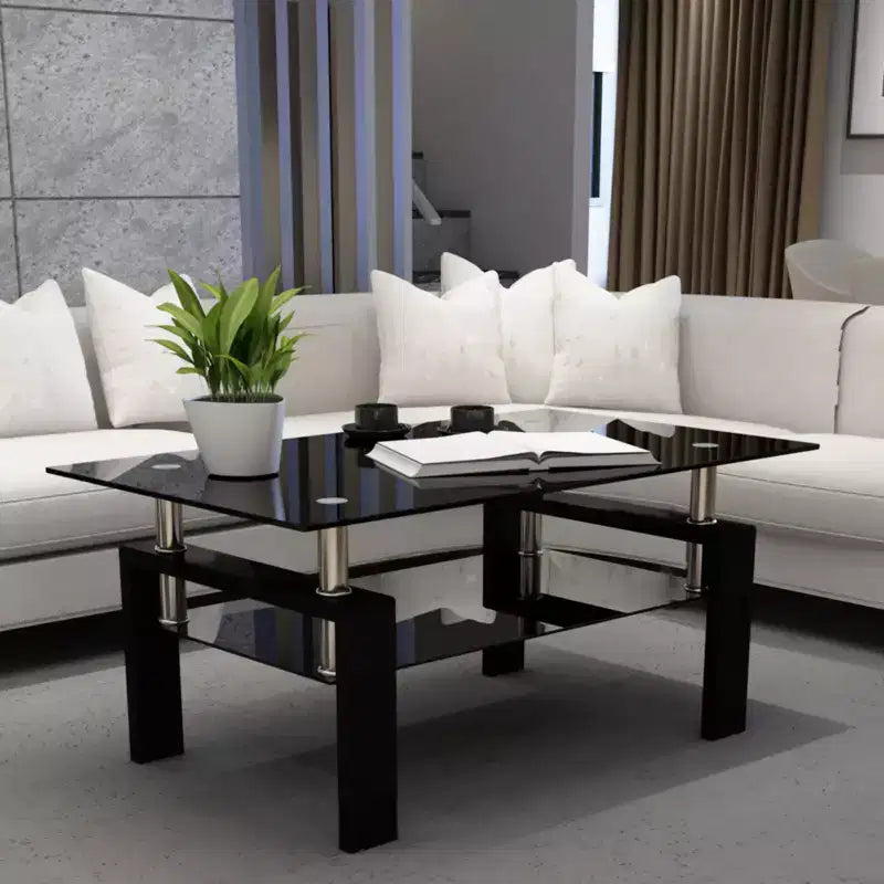Henri Modern Rectangle Tempered Glass and Iron Coffee Table with Shelf
