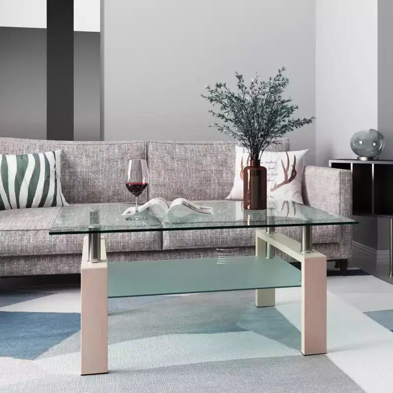 Henri Modern Rectangle Tempered Glass and Iron Coffee Table with Shelf