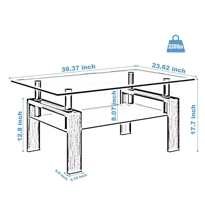 Henri Modern Rectangle Tempered Glass and Iron Coffee Table with Shelf