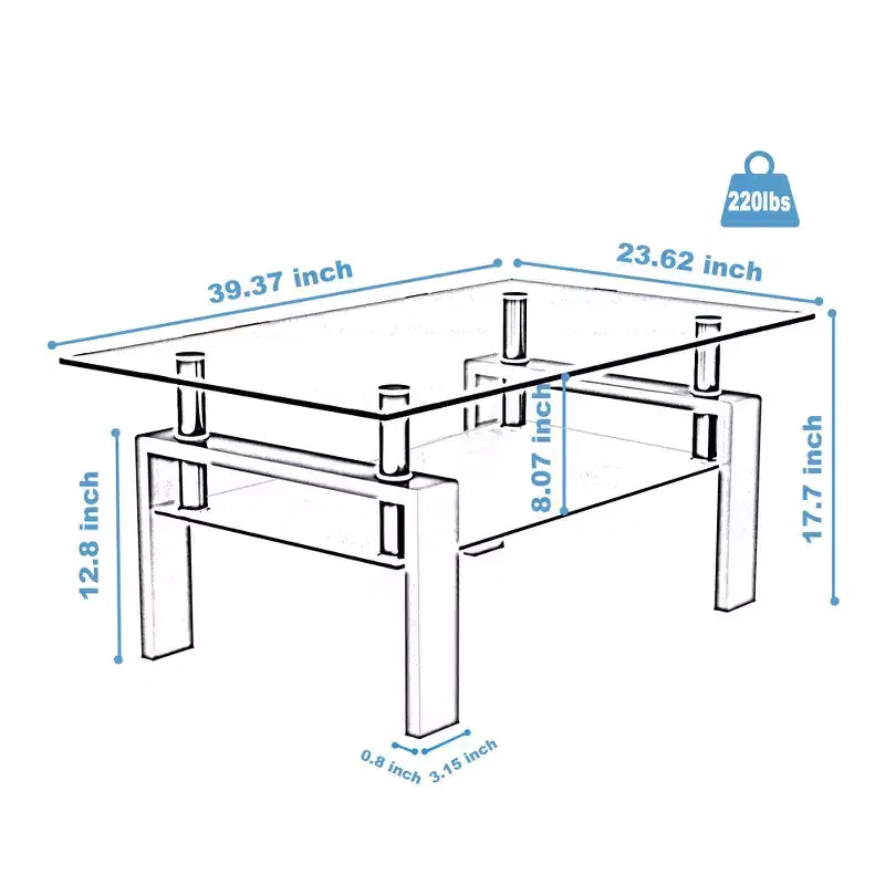 Henri Modern Rectangle Tempered Glass and Iron Coffee Table with Shelf