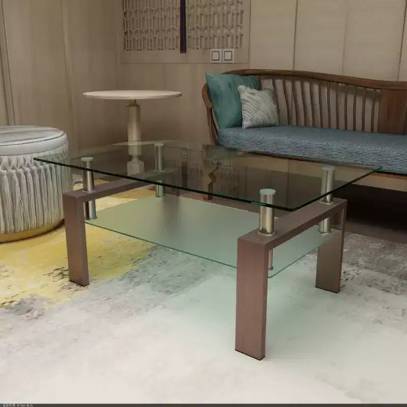Henri Modern Rectangle Tempered Glass and Iron Coffee Table with Shelf