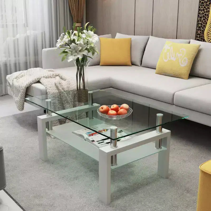 Henri Modern Rectangle Tempered Glass and Iron Coffee Table with Shelf