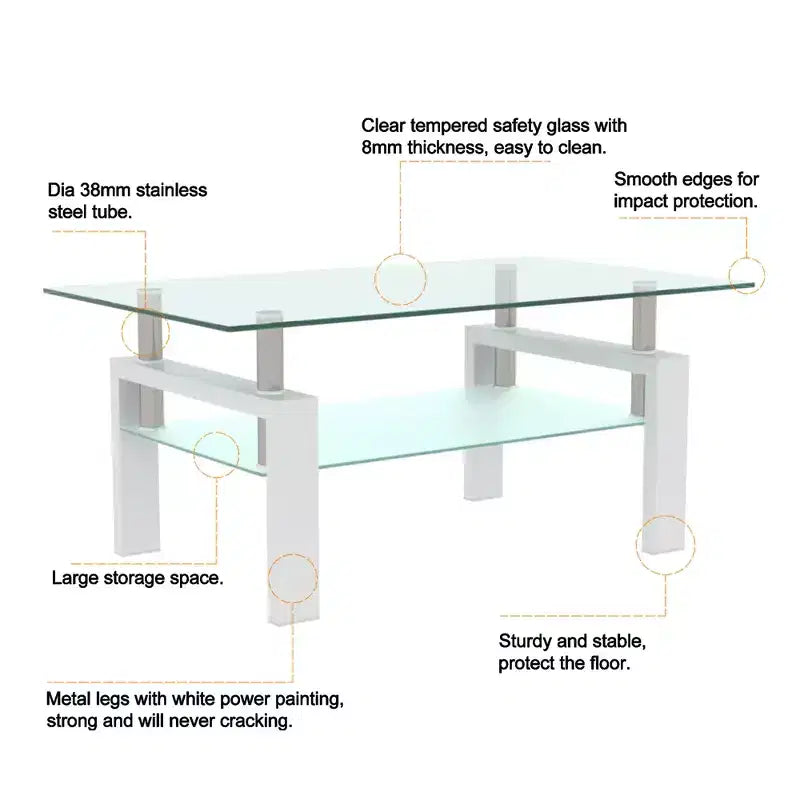 Henri Modern Rectangle Tempered Glass and Iron Coffee Table with Shelf