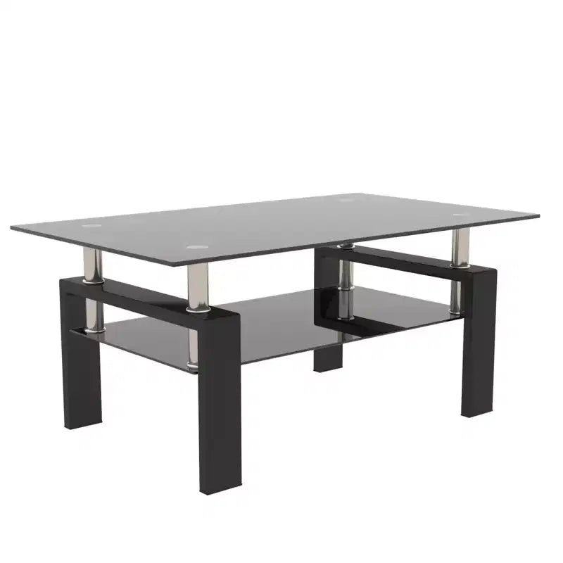 Henri Modern Rectangle Tempered Glass and Iron Coffee Table with Shelf