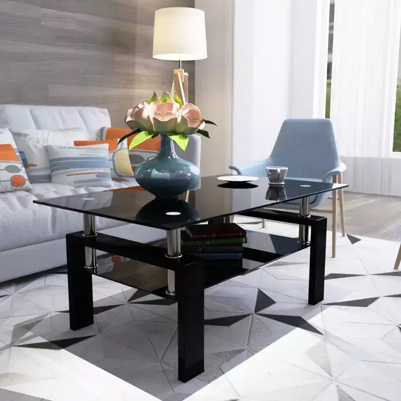 GDFStudio Henri Modern Rectangle Tempered Glass and Iron Coffee Table with Shelf