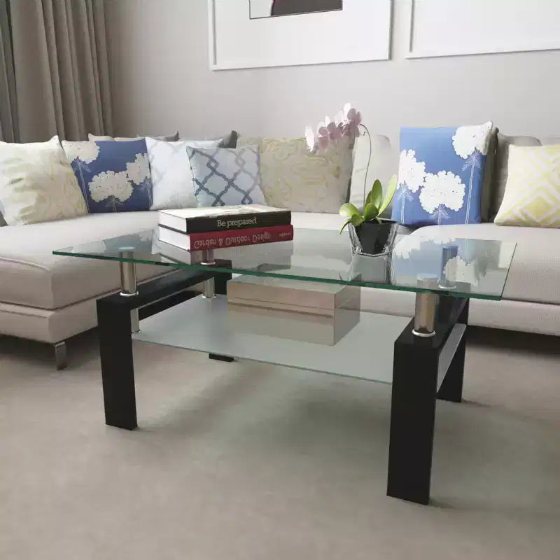 Henri Modern Rectangle Tempered Glass and Iron Coffee Table with Shelf