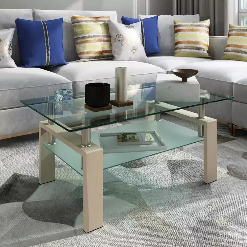 Henri Modern Rectangle Tempered Glass and Iron Coffee Table with Shelf