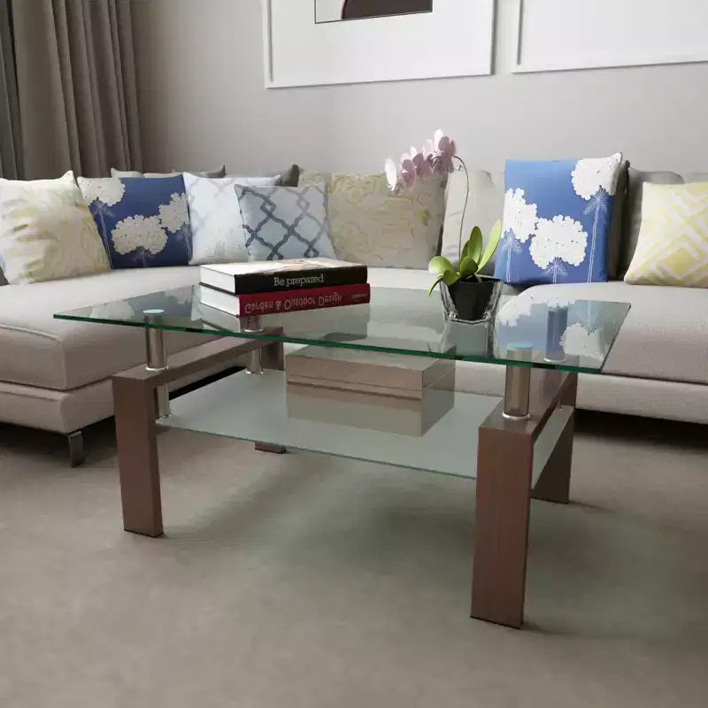 Henri Modern Rectangle Tempered Glass and Iron Coffee Table with Shelf