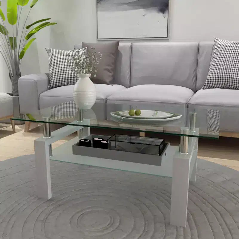 Henri Modern Rectangle Tempered Glass and Iron Coffee Table with Shelf