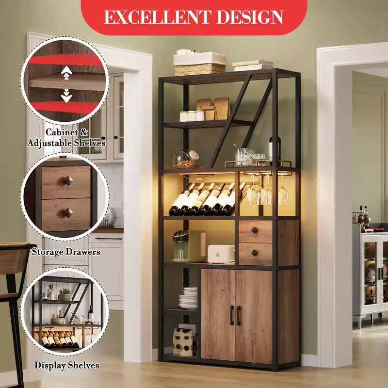 71.2 Tall Bar Cabinet with LED Lights, Power Outlets and Glass Holder for Living Room