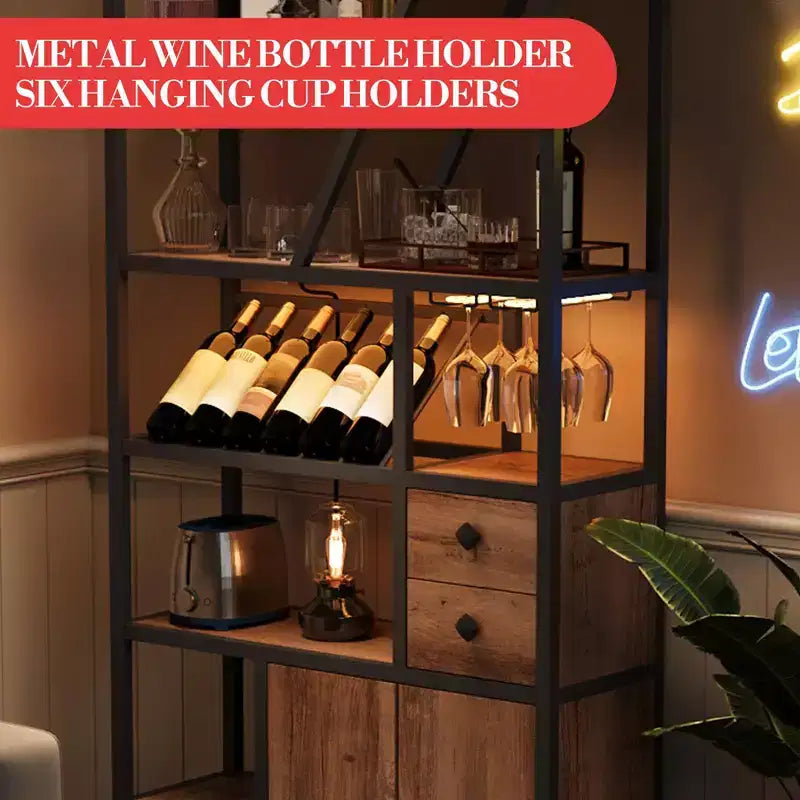 71.2 Tall Bar Cabinet with LED Lights, Power Outlets and Glass Holder for Living Room