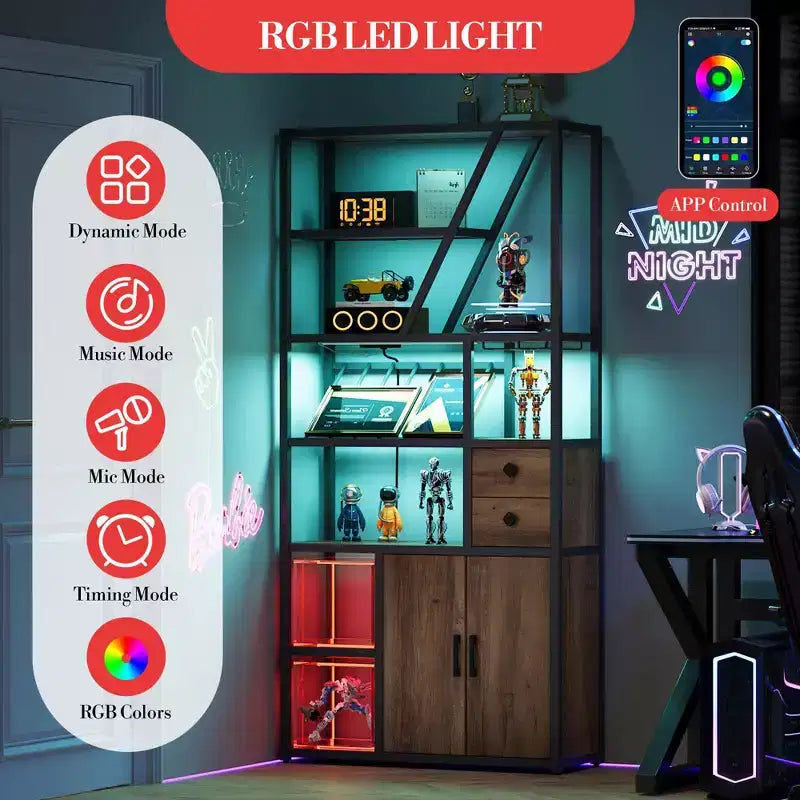 71.2 Tall Bar Cabinet with LED Lights, Power Outlets and Glass Holder for Living Room