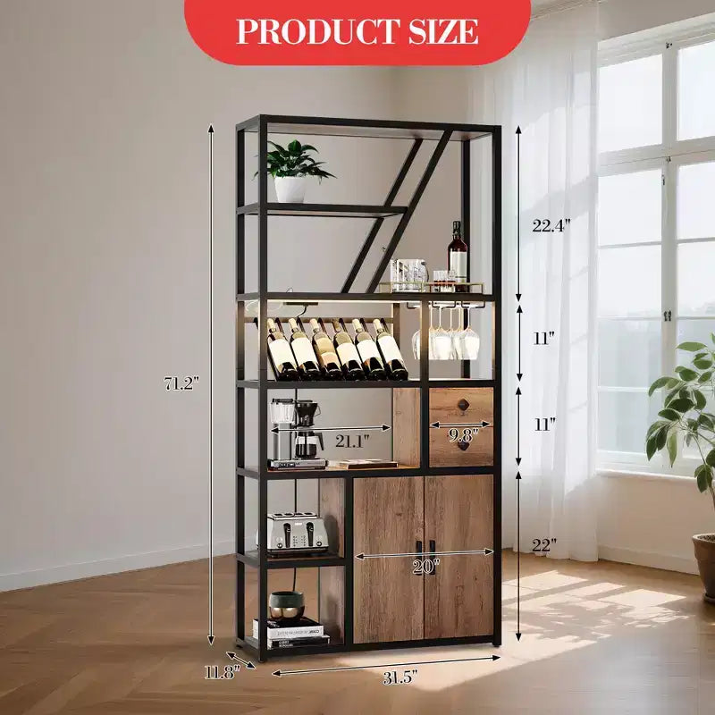 71.2 Tall Bar Cabinet with LED Lights, Power Outlets and Glass Holder for Living Room