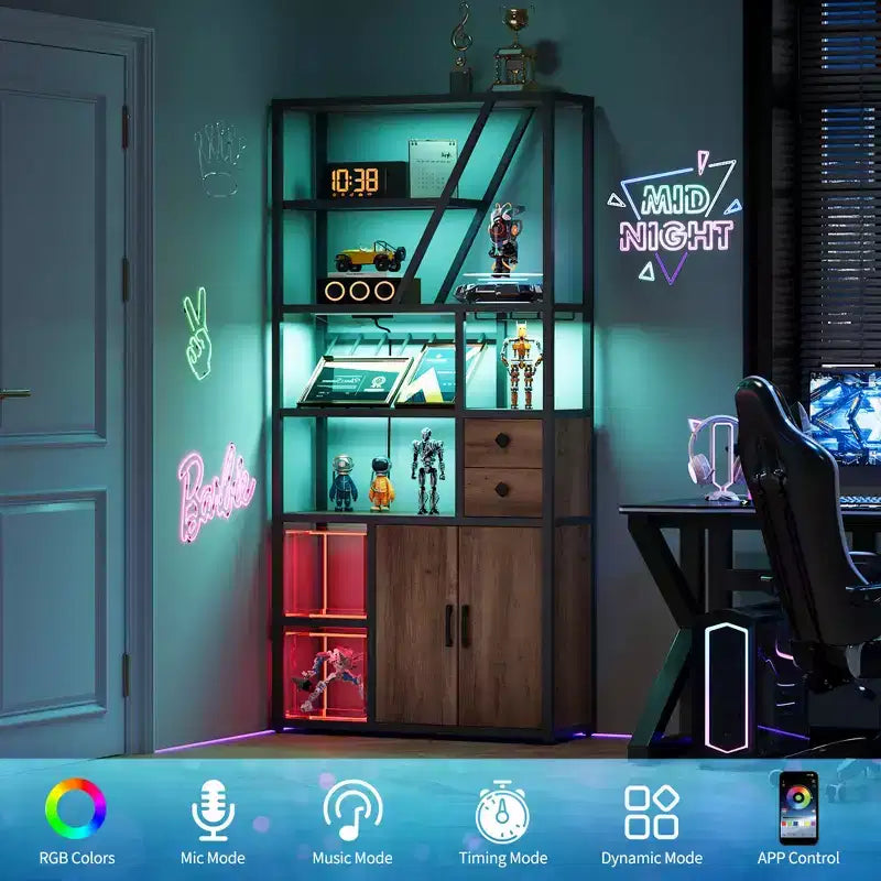 71.2 Tall Bar Cabinet with LED Lights, Power Outlets and Glass Holder for Living Room