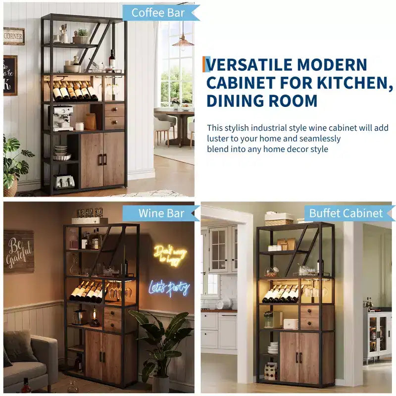 71.2 Tall Bar Cabinet with LED Lights, Power Outlets and Glass Holder for Living Room
