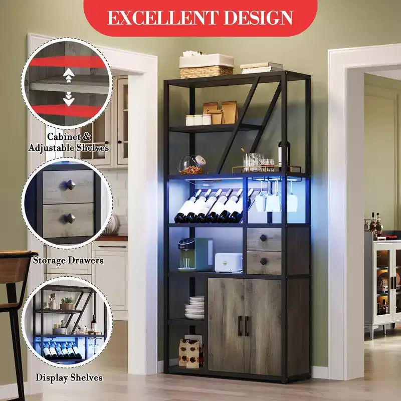 71.2 Tall Bar Cabinet with LED Lights, Power Outlets and Glass Holder for Living Room