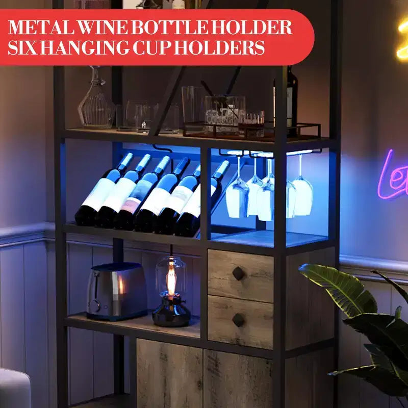 71.2 Tall Bar Cabinet with LED Lights, Power Outlets and Glass Holder for Living Room