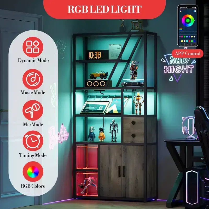 71.2 Tall Bar Cabinet with LED Lights, Power Outlets and Glass Holder for Living Room