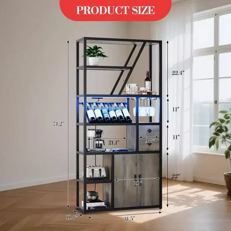 71.2 Tall Bar Cabinet with LED Lights, Power Outlets and Glass Holder for Living Room