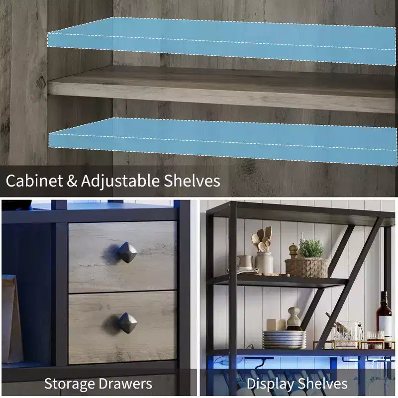 71.2 Tall Bar Cabinet with LED Lights, Power Outlets and Glass Holder for Living Room