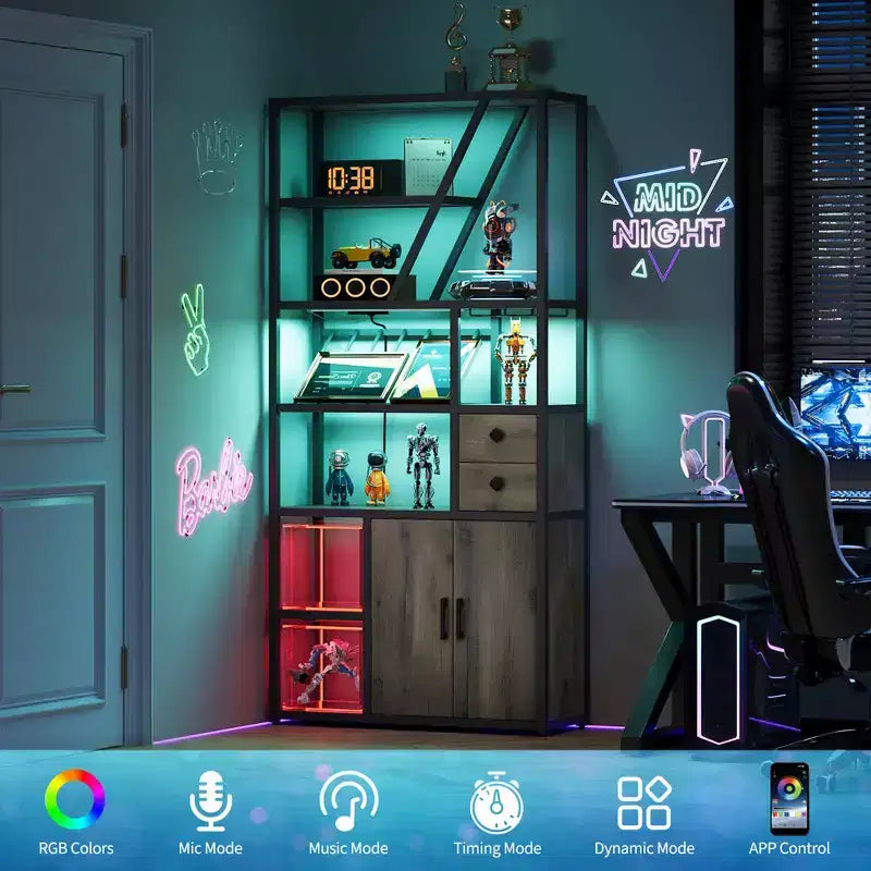 71.2 Tall Bar Cabinet with LED Lights, Power Outlets and Glass Holder for Living Room