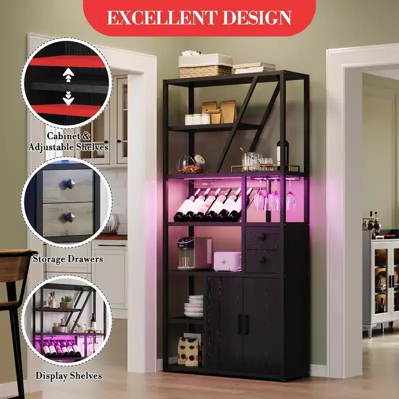 71.2 Tall Bar Cabinet with LED Lights, Power Outlets and Glass Holder for Living Room