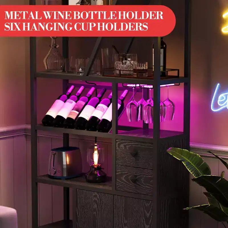 71.2 Tall Bar Cabinet with LED Lights, Power Outlets and Glass Holder for Living Room