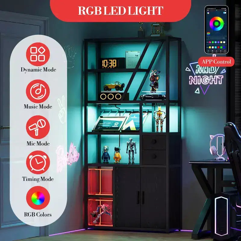 71.2 Tall Bar Cabinet with LED Lights, Power Outlets and Glass Holder for Living Room