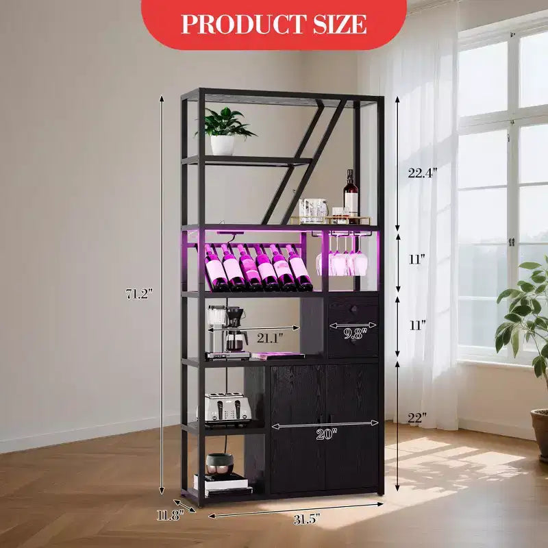 71.2 Tall Bar Cabinet with LED Lights, Power Outlets and Glass Holder for Living Room