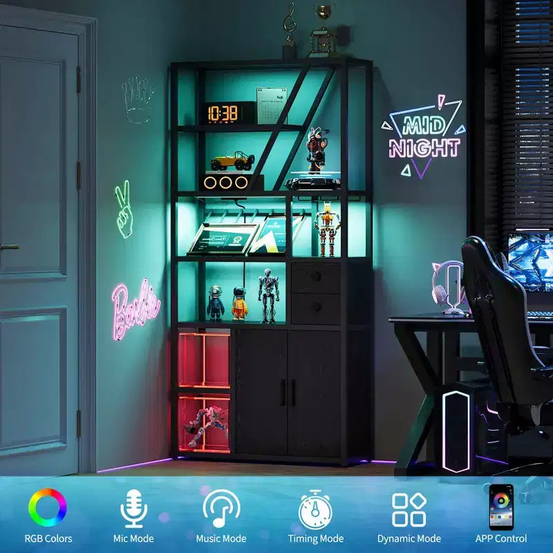 71.2 Tall Bar Cabinet with LED Lights, Power Outlets and Glass Holder for Living Room