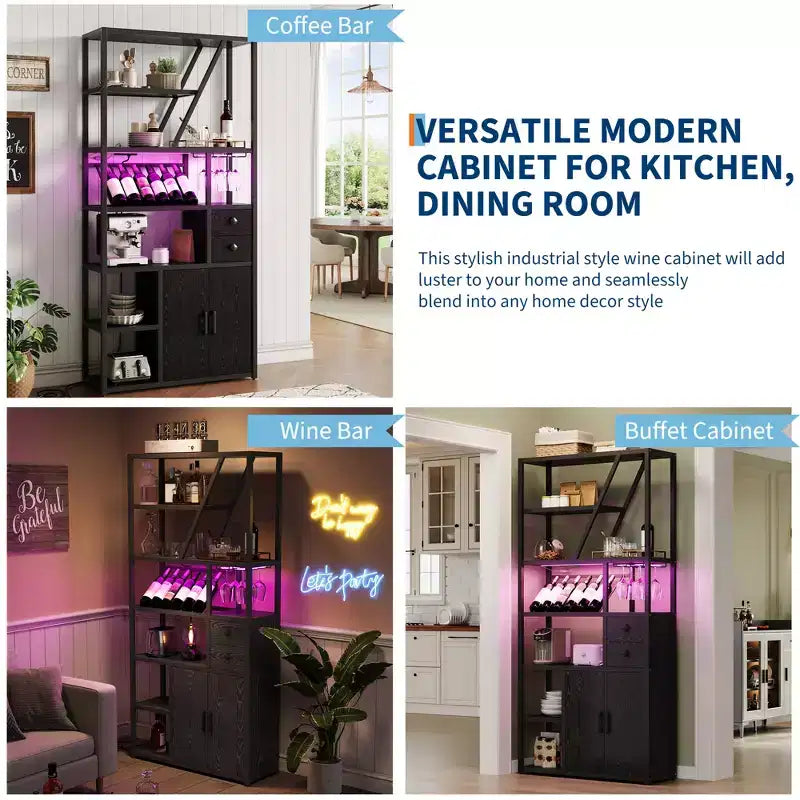 71.2 Tall Bar Cabinet with LED Lights, Power Outlets and Glass Holder for Living Room