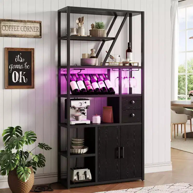 71.2 Tall Bar Cabinet with LED Lights, Power Outlets and Glass Holder for Living Room