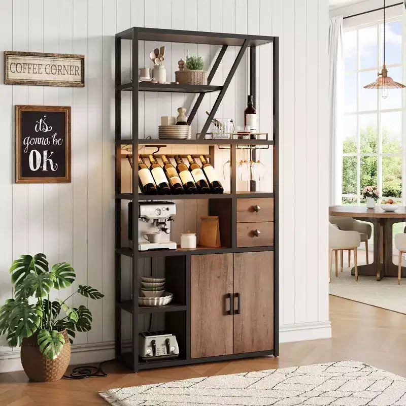 71.2 Tall Bar Cabinet with LED Lights, Power Outlets and Glass Holder for Living Room