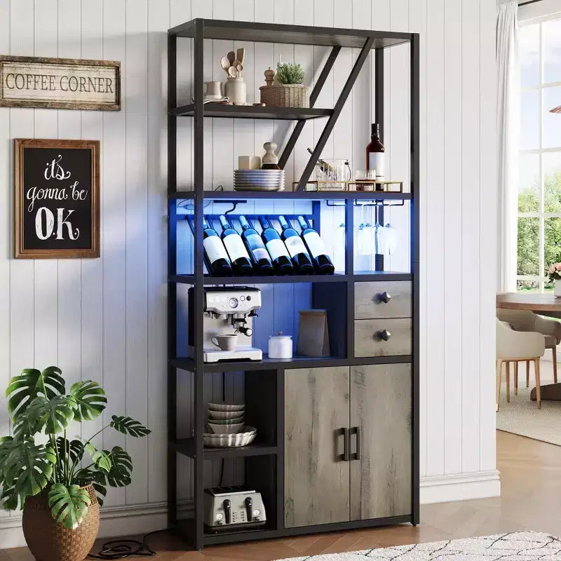 71.2 Tall Bar Cabinet with LED Lights, Power Outlets and Glass Holder for Living Room