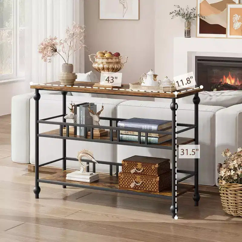 43 Farmhouse Entryway Console Table with 3-Tier Open Storage, Narrow Sofa Table for Hallway Living Room