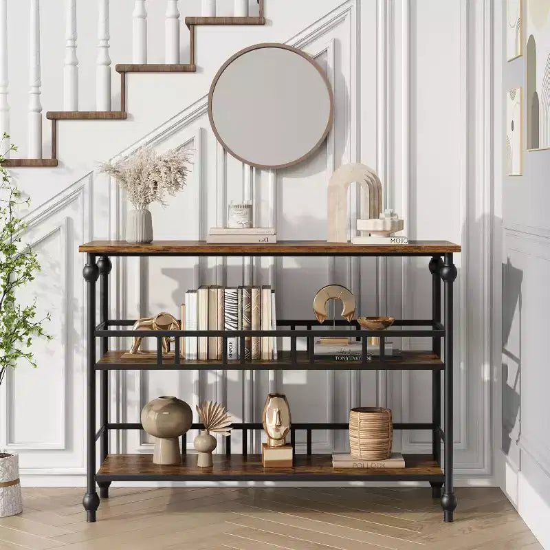 43 Farmhouse Entryway Console Table with 3-Tier Open Storage, Narrow Sofa Table for Hallway Living Room
