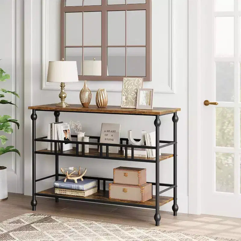43 Farmhouse Entryway Console Table with 3-Tier Open Storage, Narrow Sofa Table for Hallway Living Room