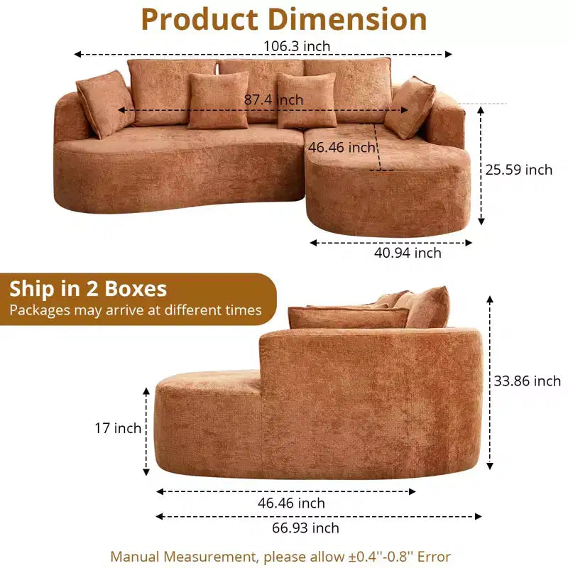 106 Modern Curved Sectional Cloud Sofa with Chaise Lounge, Modular Chenille Fabric Sleeper Couch, No Assembly Required