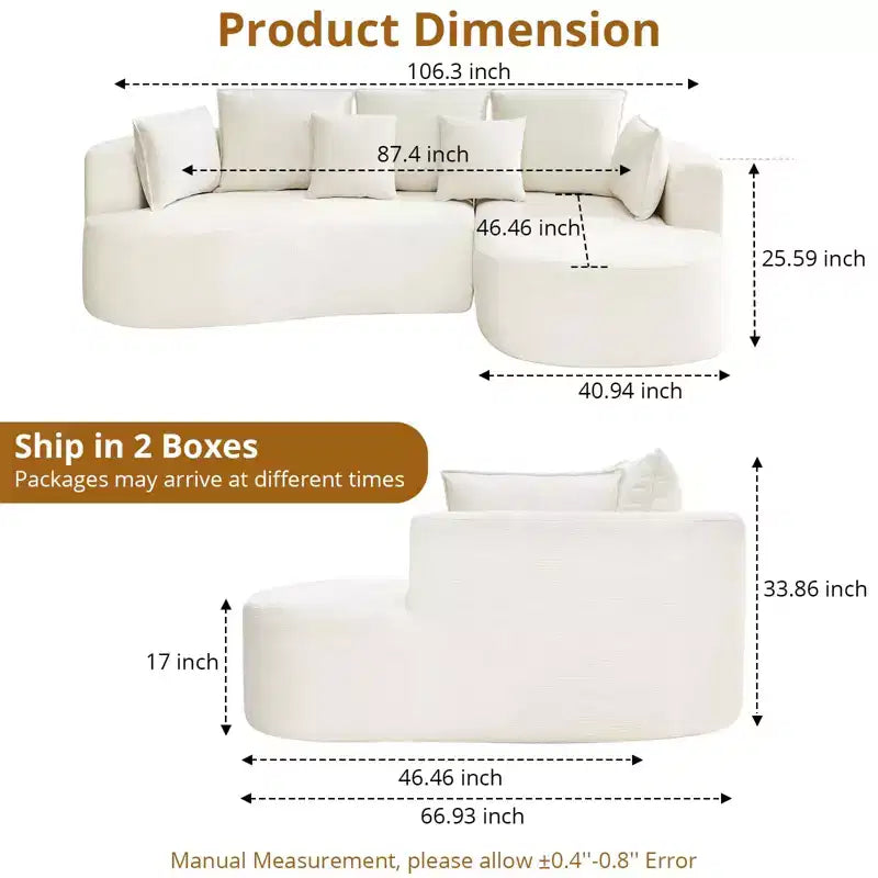 106 Modern Curved Sectional Cloud Sofa with Chaise Lounge, Modular Chenille Fabric Sleeper Couch, No Assembly Required