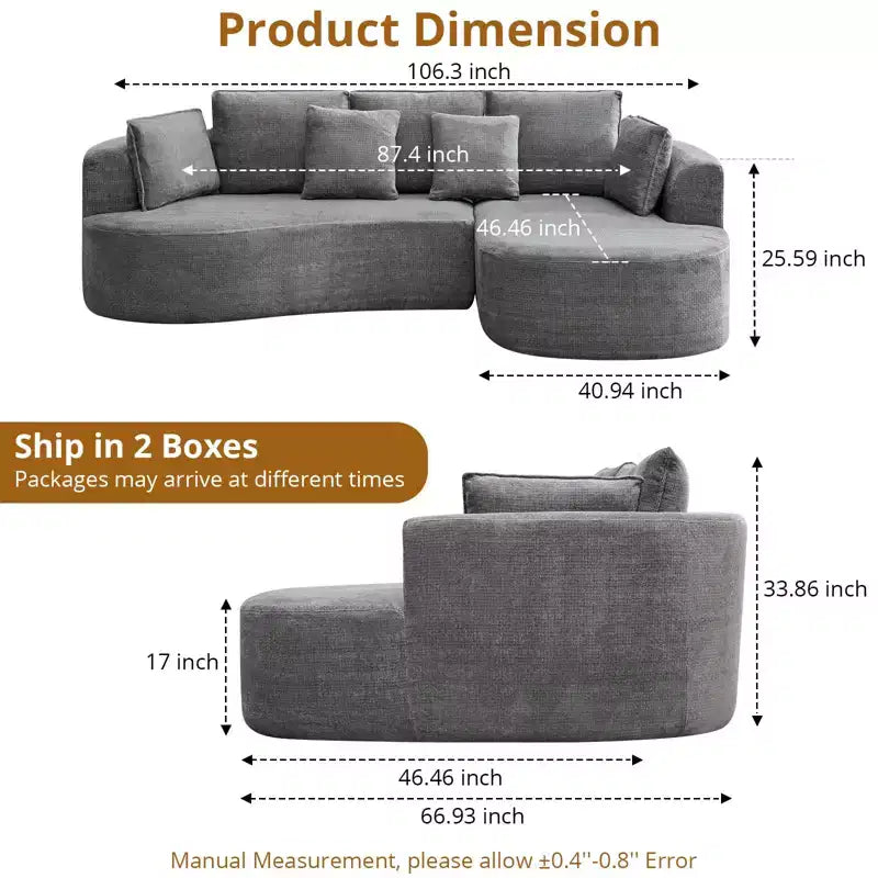 106 Modern Curved Sectional Cloud Sofa with Chaise Lounge, Modular Chenille Fabric Sleeper Couch, No Assembly Required
