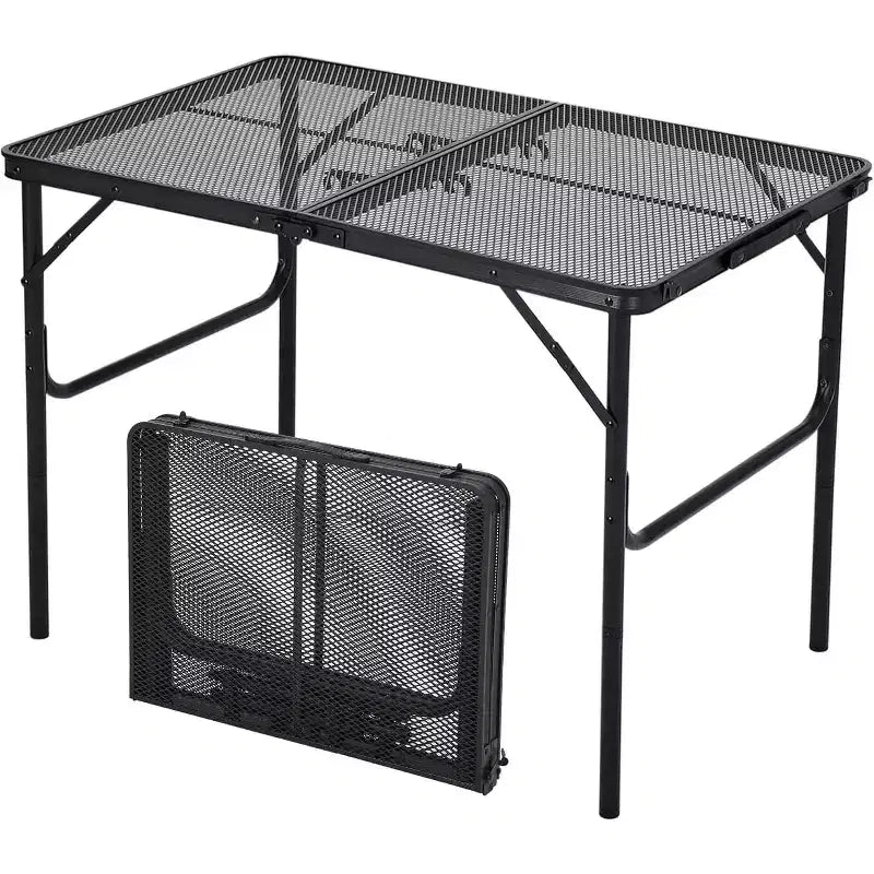 3x2FT Folding Grill Table with Mesh Top, Adjustable Height Portable Metal Camping Table for BBQ, Picnic, Outdoor Cooking, Black