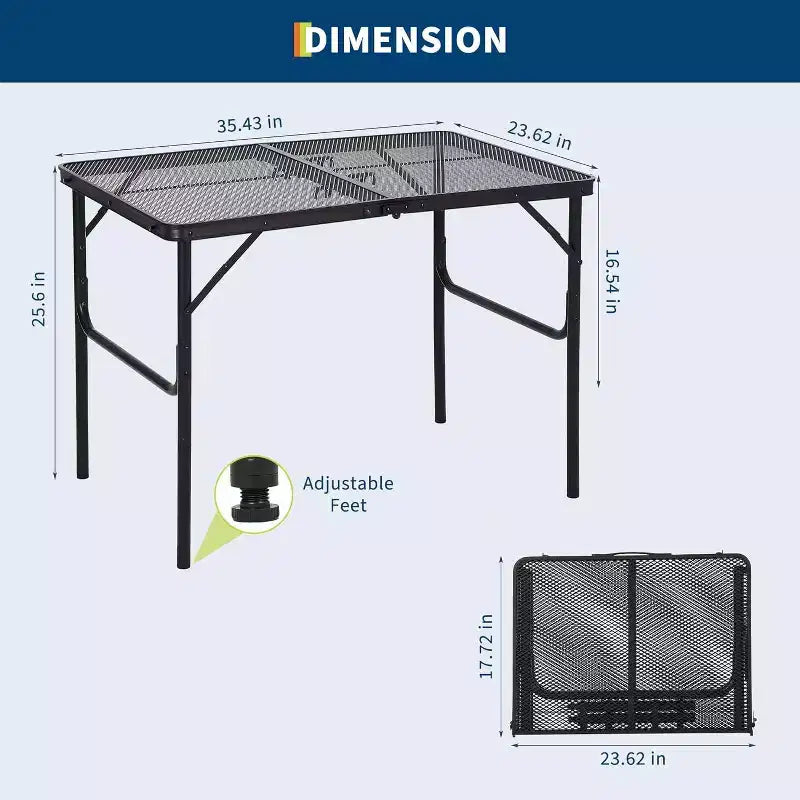 3x2FT Folding Grill Table with Mesh Top, Adjustable Height Portable Metal Camping Table for BBQ, Picnic, Outdoor Cooking, Black