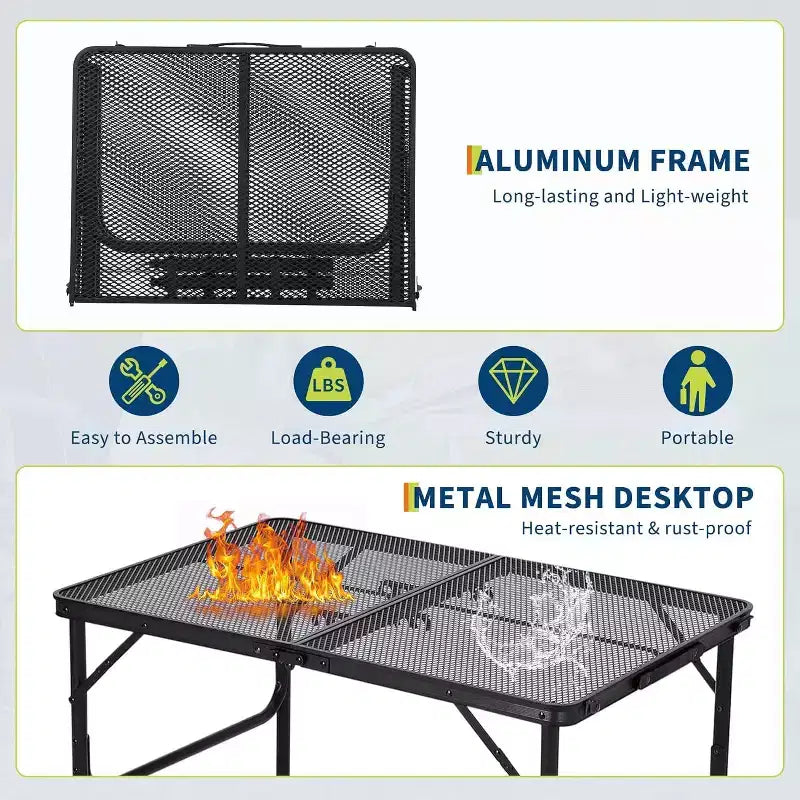 3x2FT Folding Grill Table with Mesh Top, Adjustable Height Portable Metal Camping Table for BBQ, Picnic, Outdoor Cooking, Black