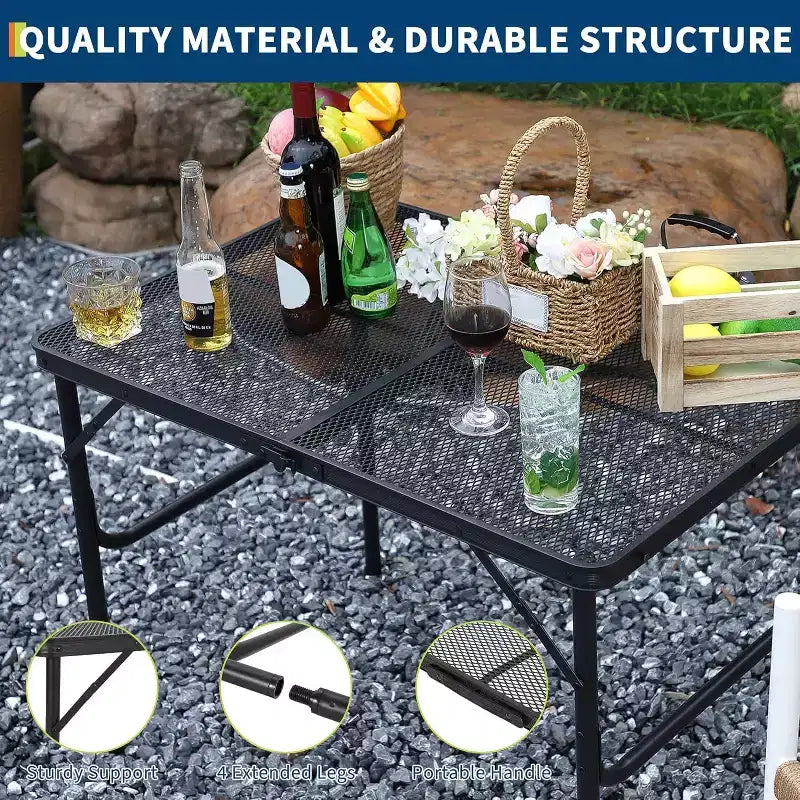 3x2FT Folding Grill Table with Mesh Top, Adjustable Height Portable Metal Camping Table for BBQ, Picnic, Outdoor Cooking, Black