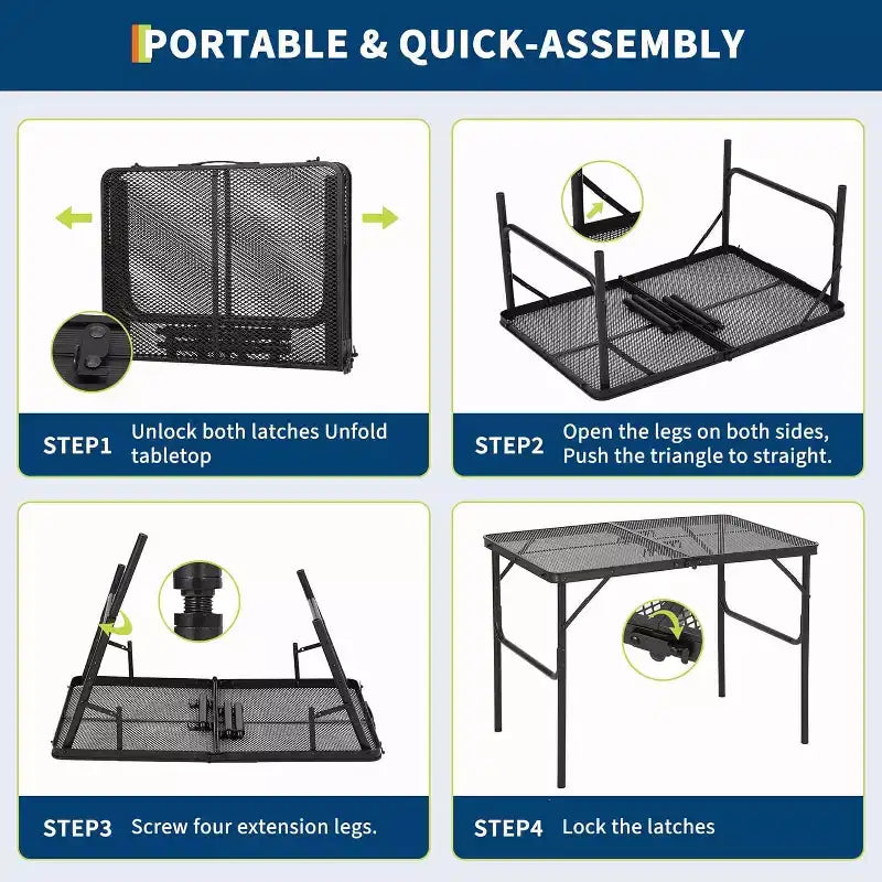 3x2FT Folding Grill Table with Mesh Top, Adjustable Height Portable Metal Camping Table for BBQ, Picnic, Outdoor Cooking, Black
