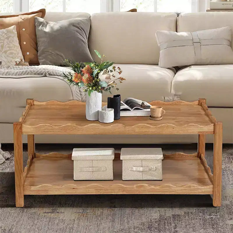 GDFStudio Connie Modern 43 Rubber Wood 2-Tier Coffee Table with Open Storage Shelf