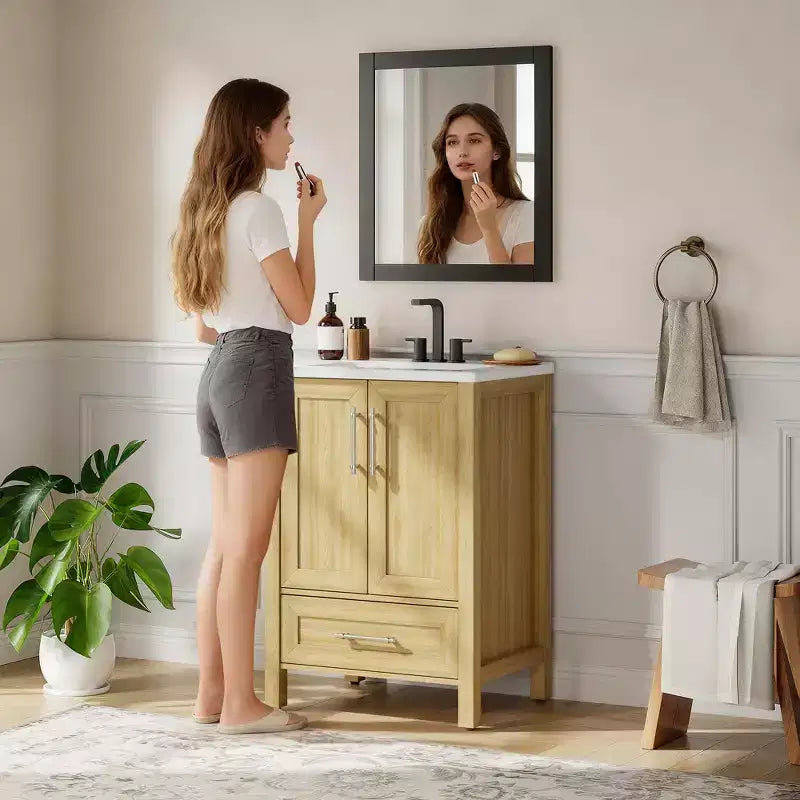Small Bathroom Vanity with Sink Freestanding Bath Vanity Cabinet with Soft Closing Door Adjustable Storage Shelf Space Saving for Apartment