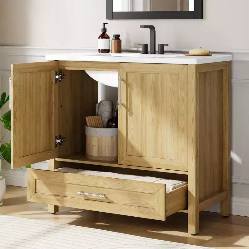 Small Bathroom Vanity with Sink Freestanding Bath Vanity Cabinet with Soft Closing Door Adjustable Storage Shelf Space Saving for Apartment