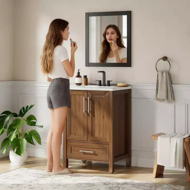 Small Bathroom Vanity with Sink Freestanding Bath Vanity Cabinet with Soft Closing Door Adjustable Storage Shelf Space Saving for Apartment