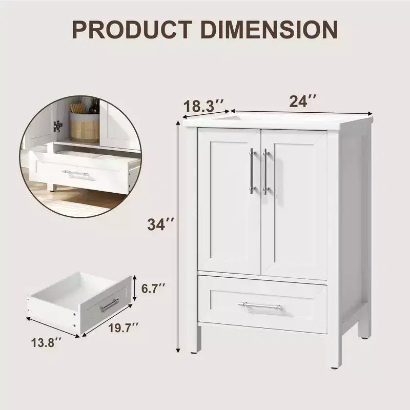 Small Bathroom Vanity with Sink Freestanding Bath Vanity Cabinet with Soft Closing Door Adjustable Storage Shelf Space Saving for Apartment
